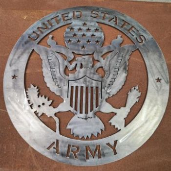 round metal cutout with eagle, flag, and ARMY text