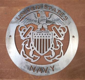 large metal cutout of eagle, flag, and NAVY text