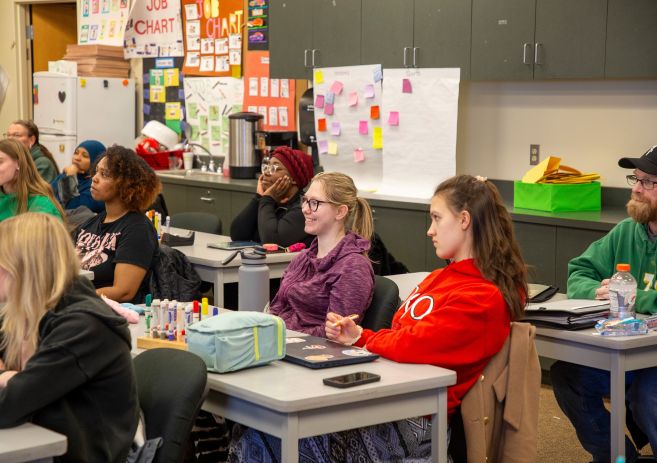 Students in colorful classroom