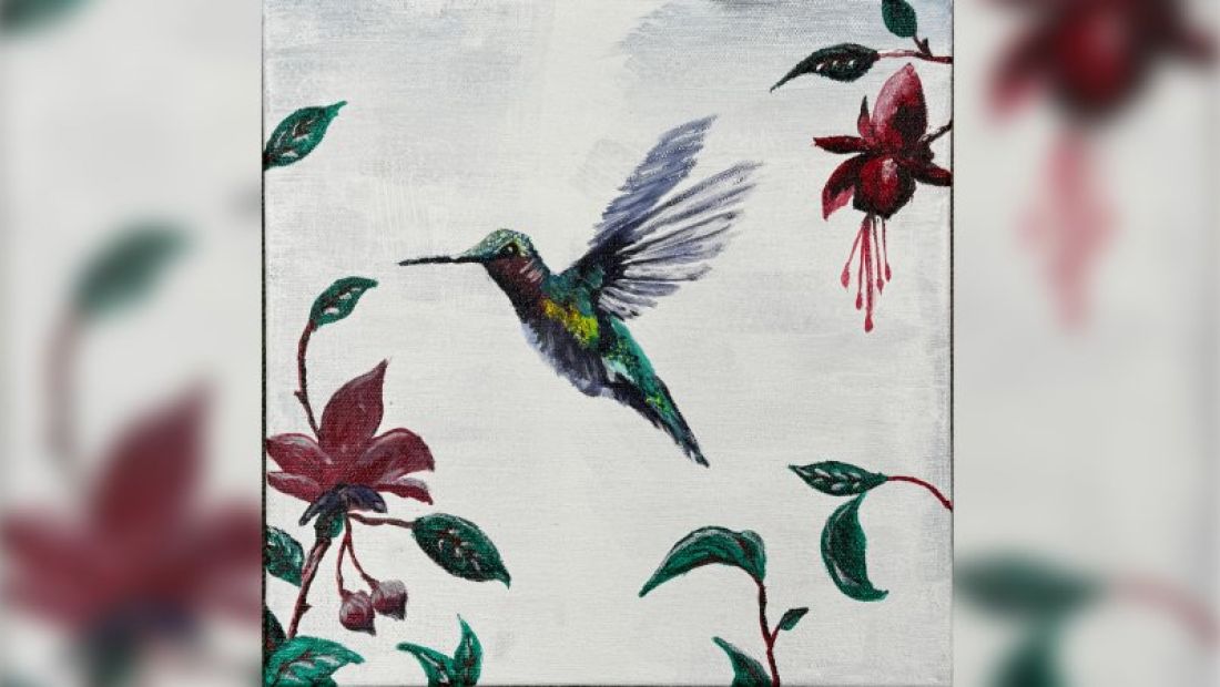 painted hummingbird with flowers