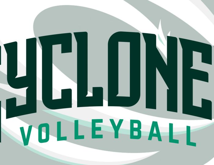 Cyclones volleyball with faded cyclones logo in background