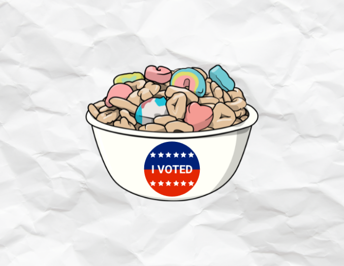 bowl with "I voted" sticker on it full of cereal