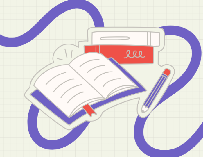 an open book with two books stacked behind it