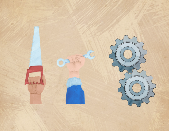 gears, hand with wrench, hand with saw