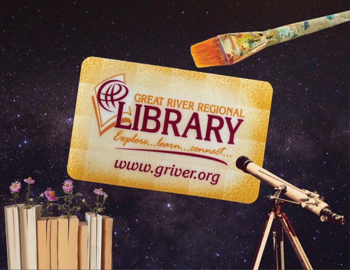 Great River Regional Library card, books with flowers in them, a paint brush with paint on it, and a telescope on star-filled outer space background