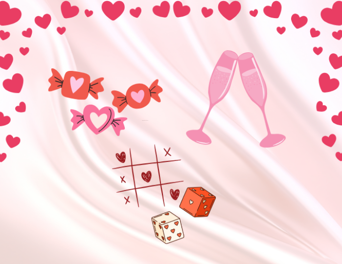 mocktail glasses, heart shaped candies, a tic tac toe board, and a pair of dice