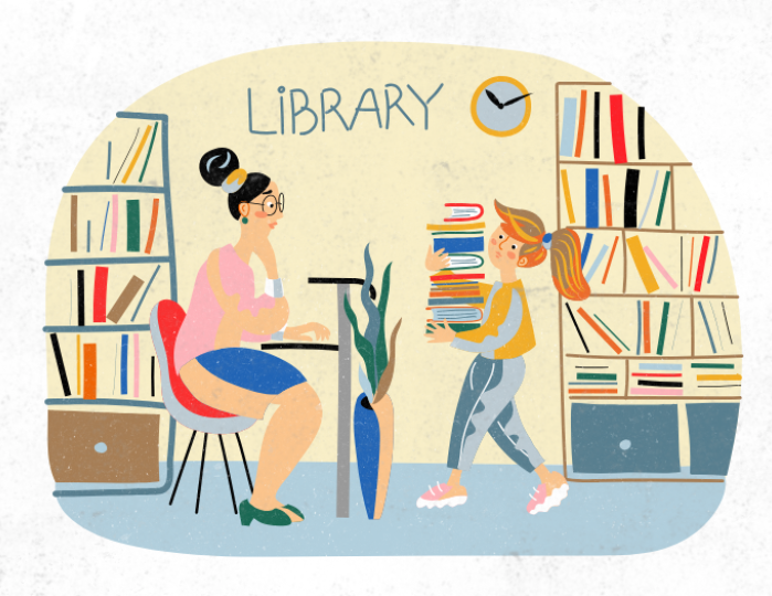 child carries stack of books to adult sitting at table with "Library" sign in background