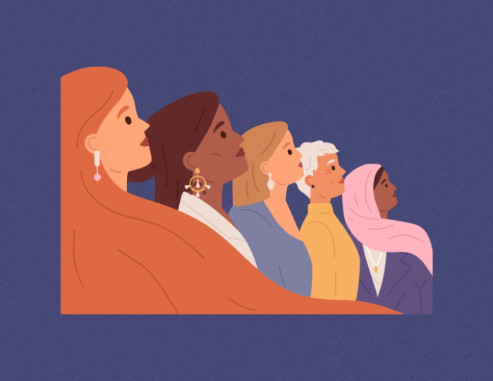 five women standing in a line