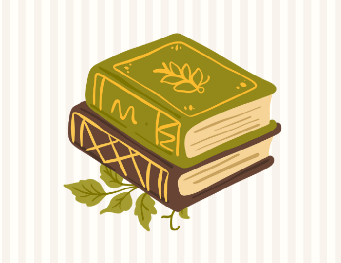 green and brown books with leaves decoration