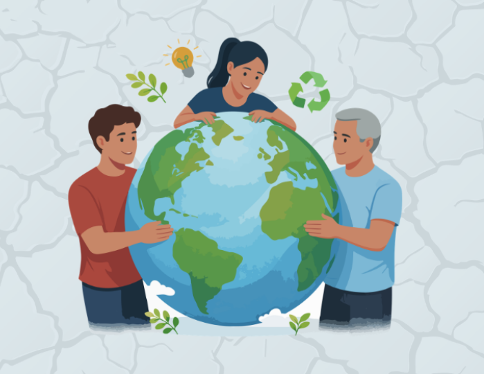 Three people hold a globe, with a recycling symbol and a lightbulb above them, representing environmental care and innovation.
