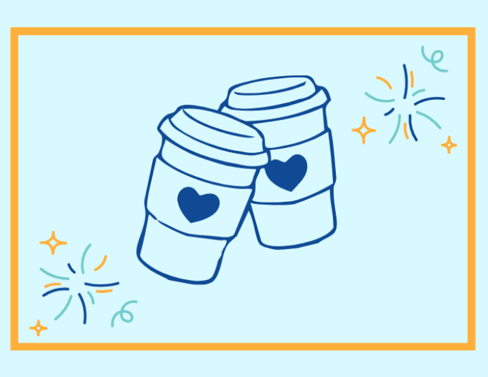 Pair of coffee cups with decorative confetti around them. 