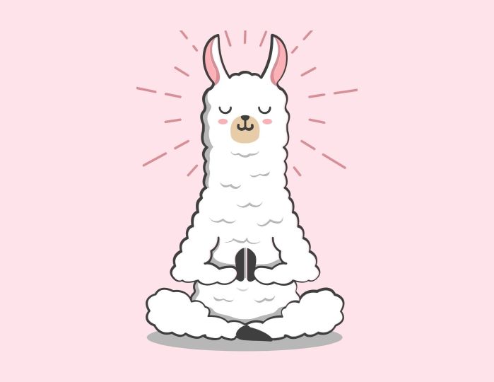A llama doing yoga on a pink background
