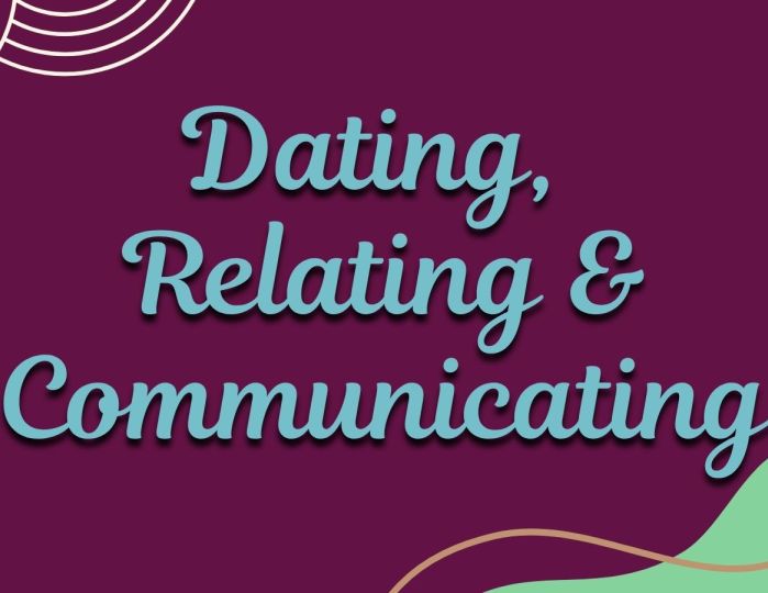 dating, relating, and communicating text on purple background