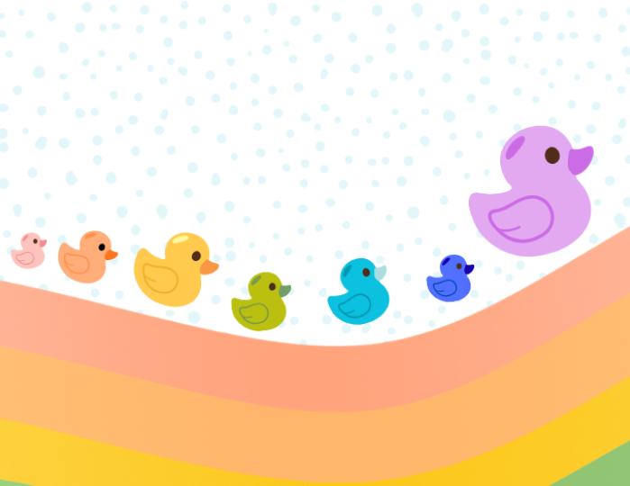 A line of rainbow ducks