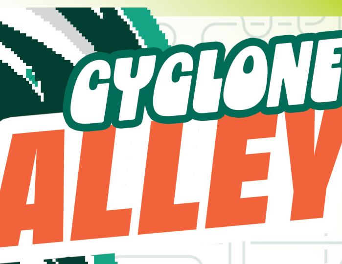 cyclone alley text on green background with cyclone logo