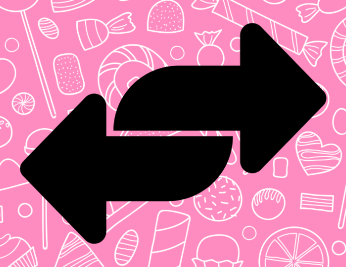 two bold arrows pointed in opposite direction in front of a pink background with white outlined candies
