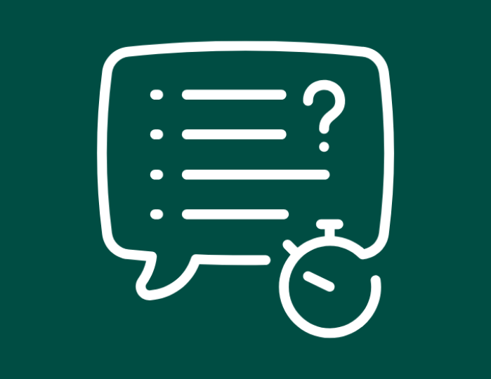 a speech bubble with bullet points and a question mark connected to a stopwatch