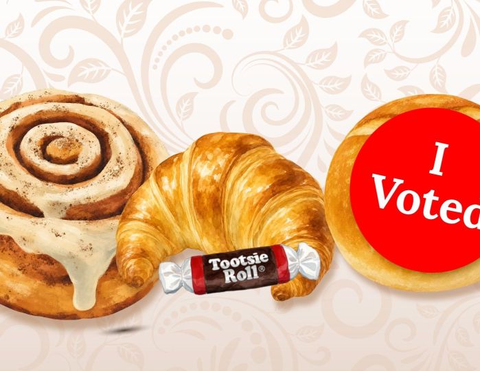 cinnamon roll, croissant, tootsie roll, and an I Voted sticker on a paisley background
