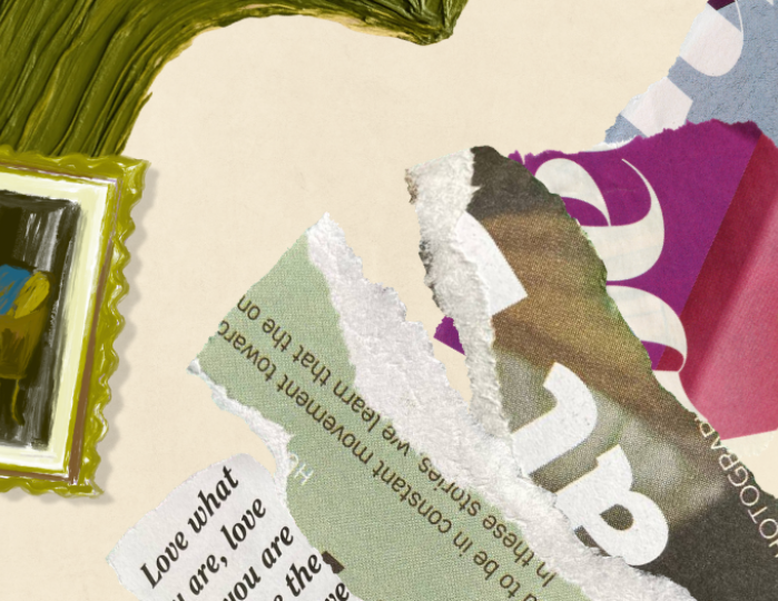 magazine scraps and textured green paint with framed artwork