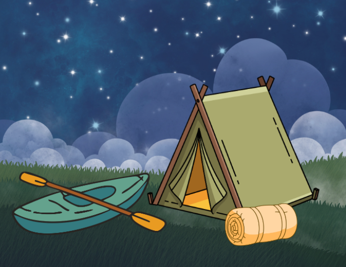 tent, sleeping bag, and kayak on the grass under a starry night sky