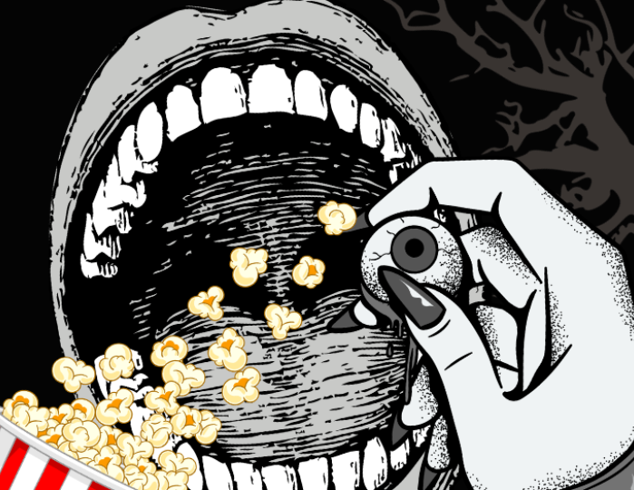 creepy open mouth, hand holding eyeball, and popcorn