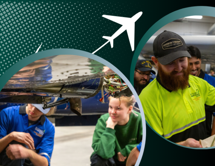 students in AMT program working with planes