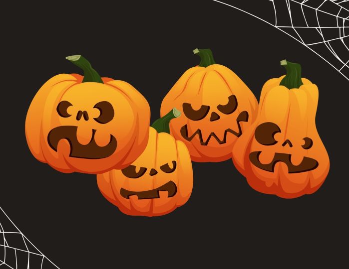 four carved pumpkins on a black background - illustration