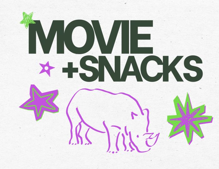 movie and snacks text with illustration of rhino and stars