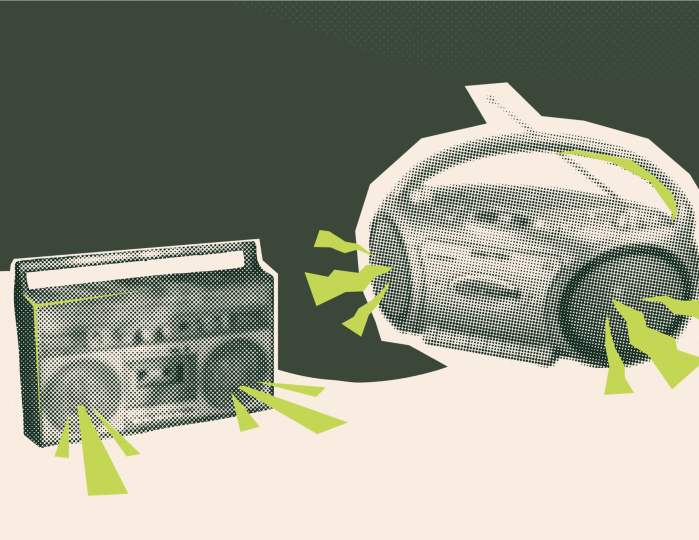 illustrated radios on a green background