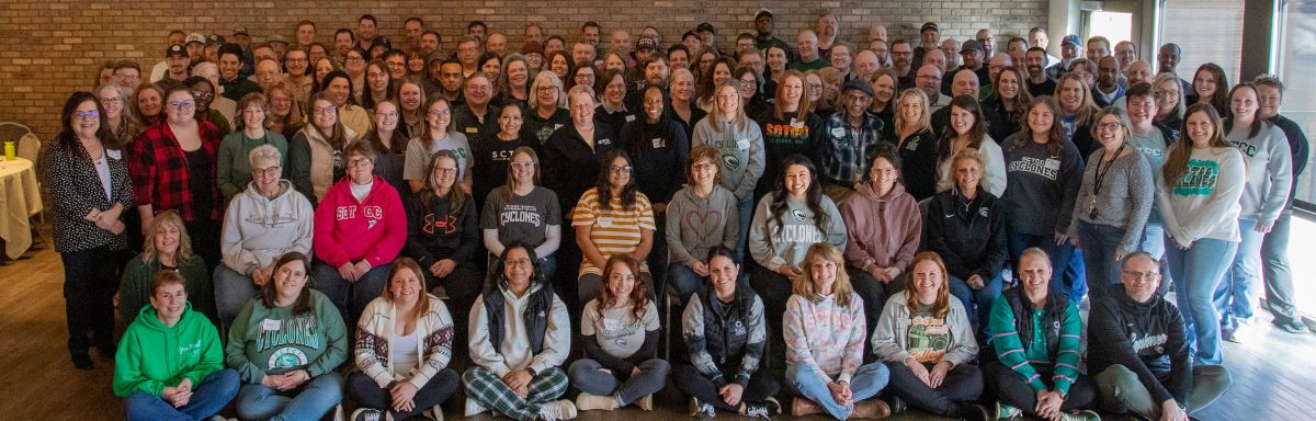 Employees at all college day in a BIG group pic!