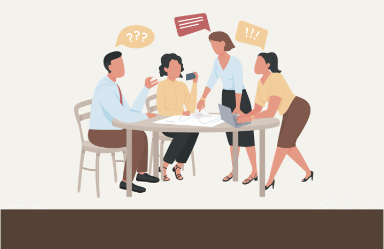 Graphic of employees around a table having a conversation.