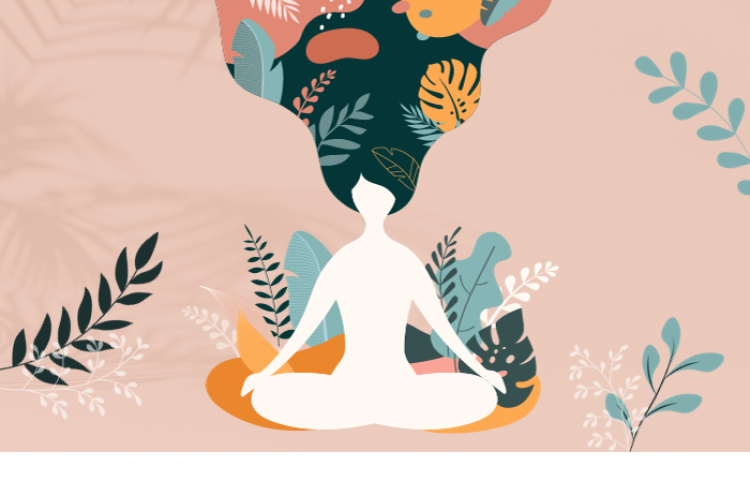 Graphic of woman meditating and has flowy hair, leaf graphics around border. 
