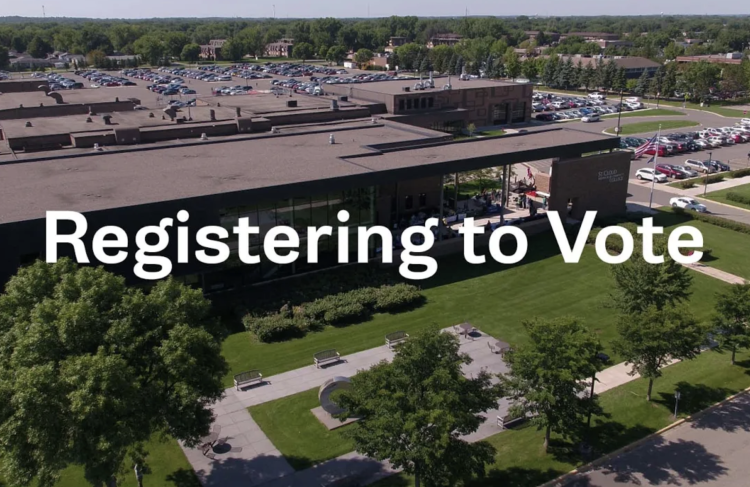 Registering to Vote. Overhead view of Northway main entrance in background
