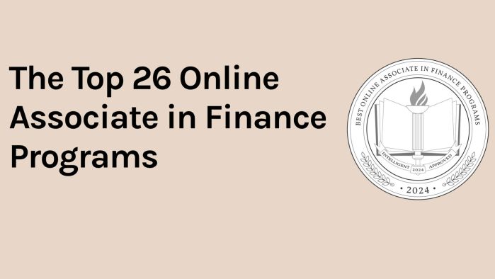 The top 26 online associate in finance programs text with seal