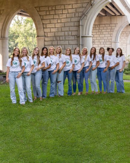 Volleyball players lined up in a row in front of stone bridge