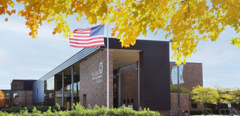 SCTCC main entrance with yellow leaves in forground