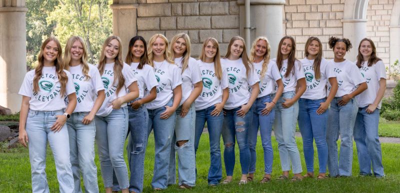 Volleyball players lined up in a row in front of stone bridge