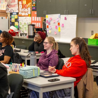 Students in colorful classroom