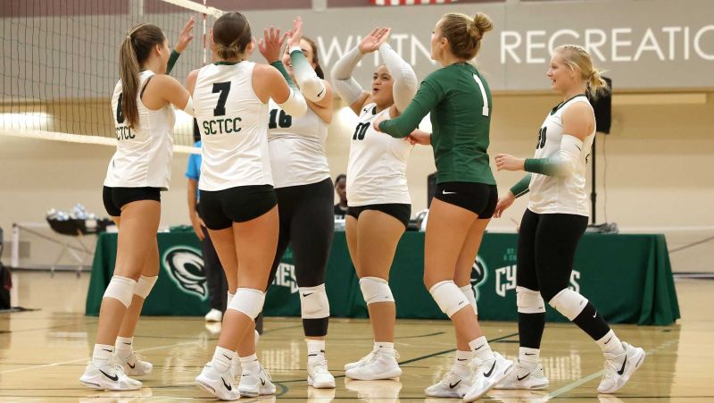 volleyball team members celebrate on court