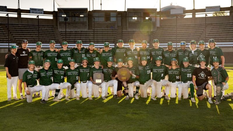 Baseball team in two rows with region awards on field