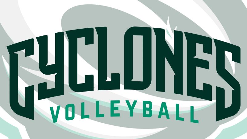 Cyclones volleyball text with faded cyclones logo in background