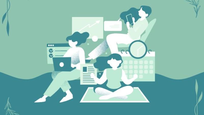 Women working, doing yoga, and scrolling on a phone