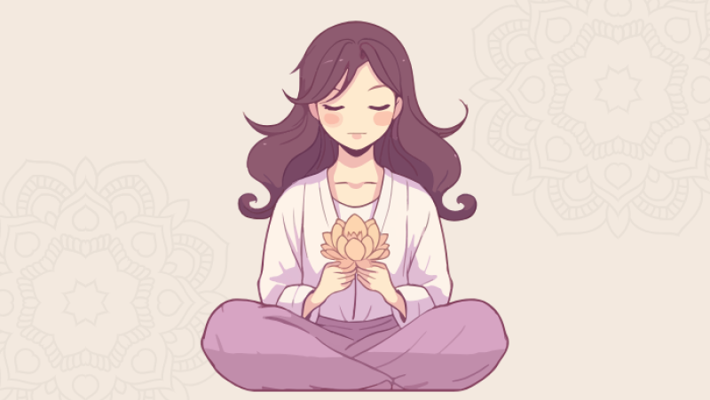 illustration of a woman in a yoga pose holding a lotus flower