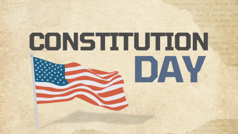 Constitution Day words, with a US flag illustration.