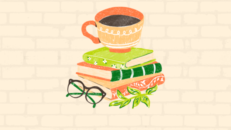 stack of books with a coffee cup sitting on top and glasses next to the books