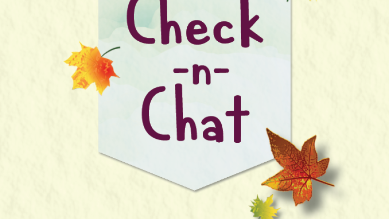 Text reading "check 'n chat" decorated with fall leaves