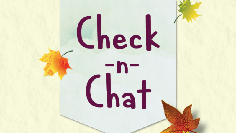Text reading "check 'n chat" decorated with fall leaves