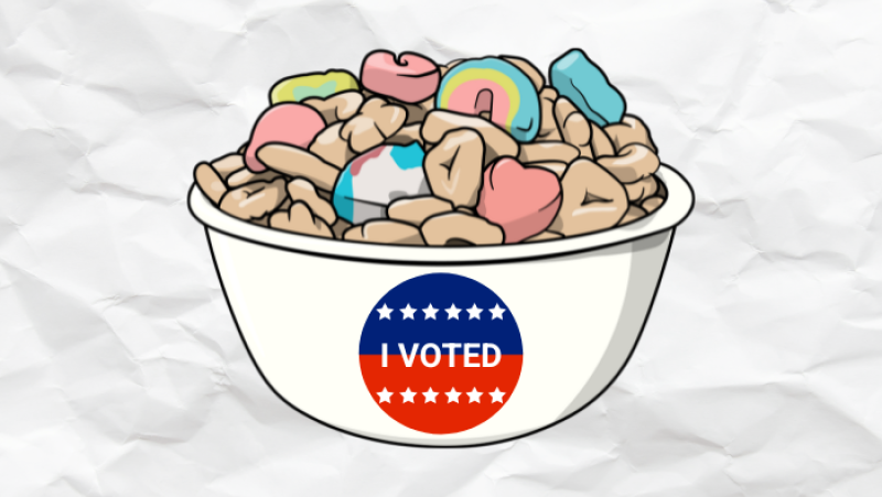 bowl with an "I voted" sticker on it full of cereal