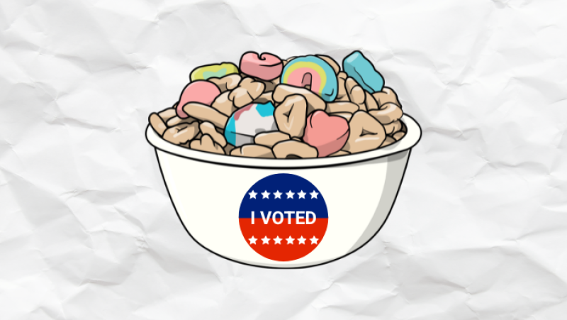 bowl with "I voted" sticker on it full of cereal