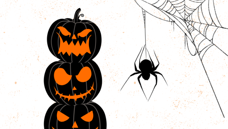 spider and spider web with a stack of 3 jack o lanterns